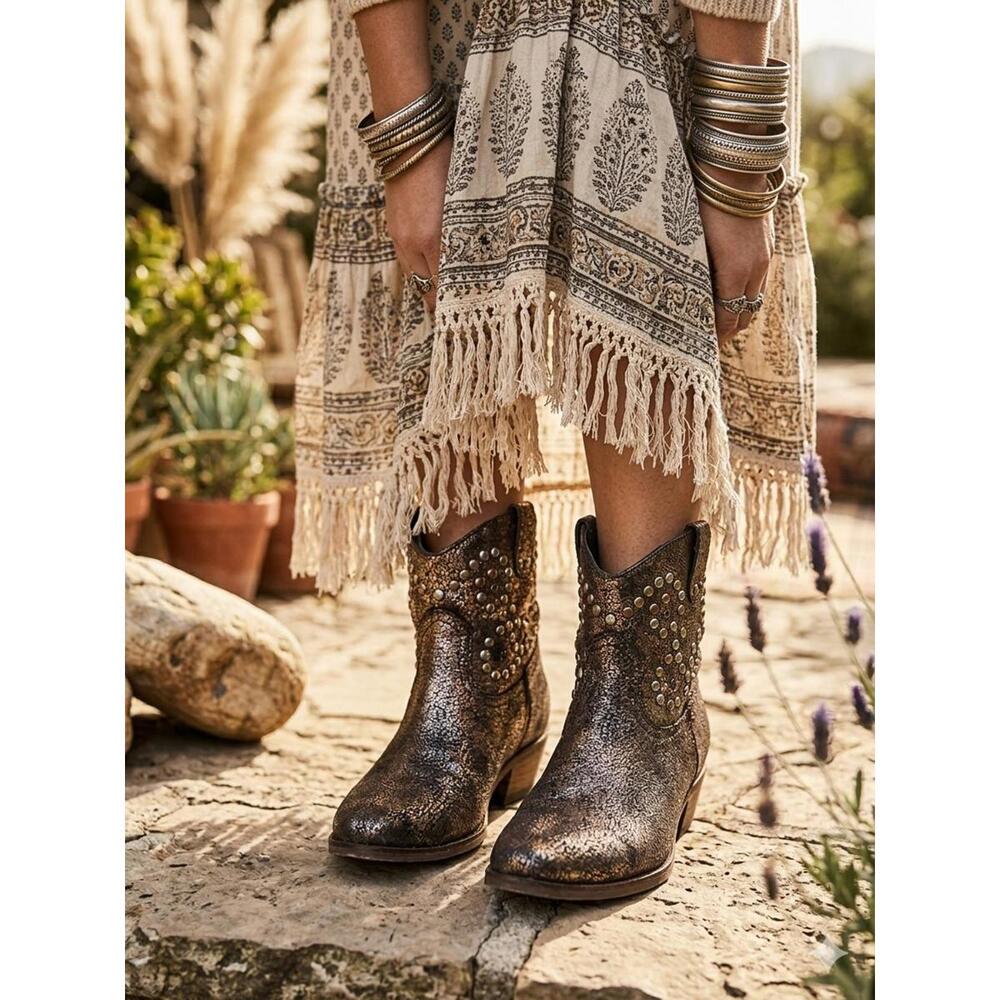 J. Renee Metallic Studded Rhinestone Western Ankle Boots 10